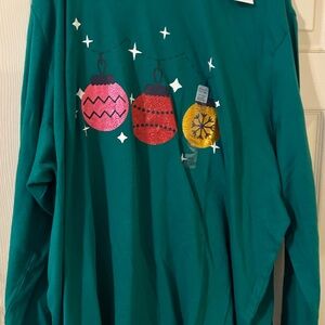 Kim Rogers Teal Long Sleeve Tee with Festive Ornaments